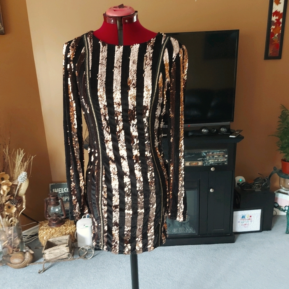 Gold and black sequined long sleeve mini dress